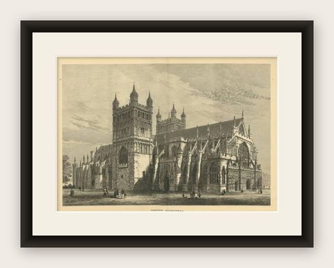 Antique Print of Exeter Cathedral from the Illustrated London News, 1877, shown framed