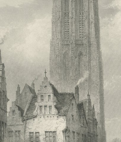 Malines Cathedral, Belgium, Antique Steel Engraving by J.J. Crew, circa 1877, close-up 3
