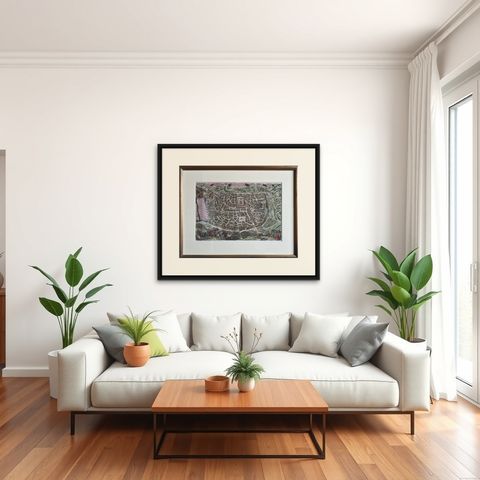 Antique Map of the City of Jerusalem by N. Visscher, 1702, shown framed in a room, true to size