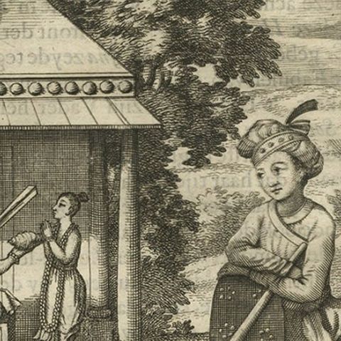 Antique Print of the Hindu God Vishnu Incarnated as Krishna, 1672, close-up 1