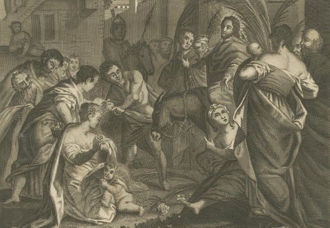 Three Biblical Engravings, Christ’s Entry, Trial & Parable of Labourers, c.1735, close-up 3
