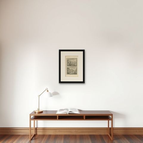 Naaman Healed in the Jordan and Famine in Samaria, Pieter Mortier, circa 1700, shown framed on a wall, true to size