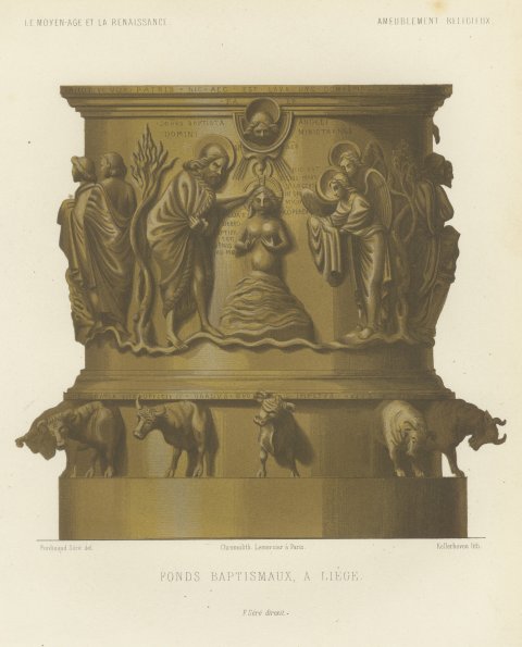 Baptismal Font at Liège, Antique Chromolithograph, Lacroix, 1851