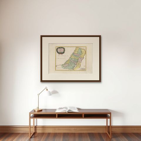 Holy Land Map of the Twelve Tribes of Israel, Sanson, Hand Colored, 1696, shown framed on a wall, true to size