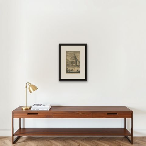 Antique Print of the English and German Church, the Hague, shown framed on a wall, true to size
