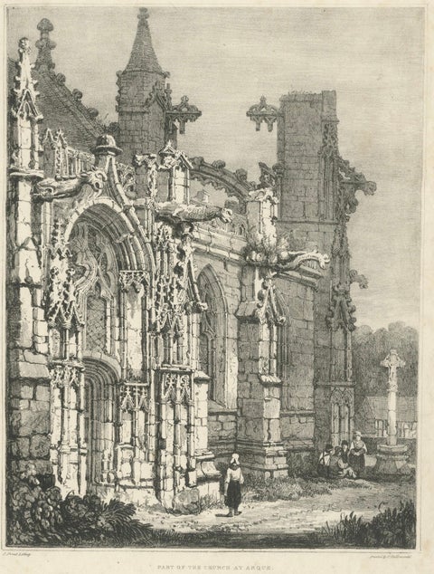 Antique Gothic Church Architecture Lithograph, Samuel Prout, Arques France, 1821, close-up 1