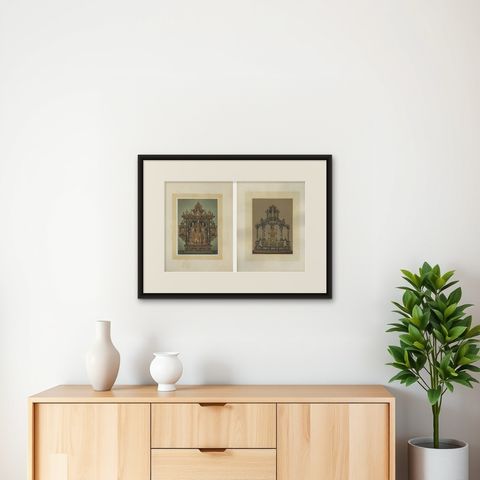 Pair Bavarian Royal Chapel Altar Shrines Chromolithographs, Munich, 1874, shown framed on a wall, true to size