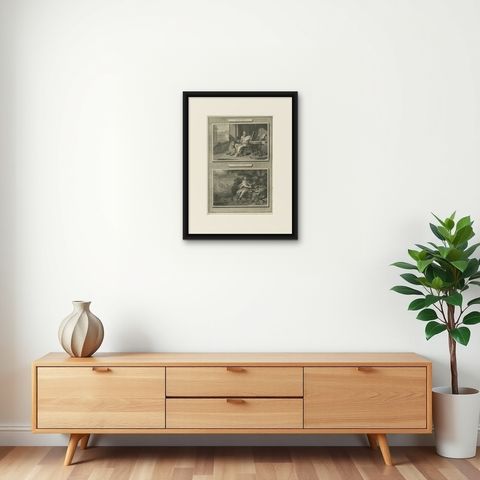 Antique Christian Wall Art, Evangelists Luke and John, Mortier ca.1700, shown framed on a wall, true to size