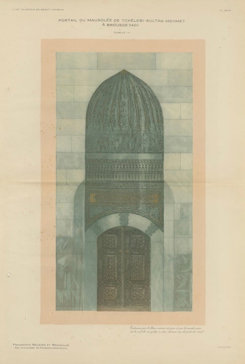 Antique Islamic Architecture Print, Green Tomb Portal Bursa, Raymond 1924, close-up 1