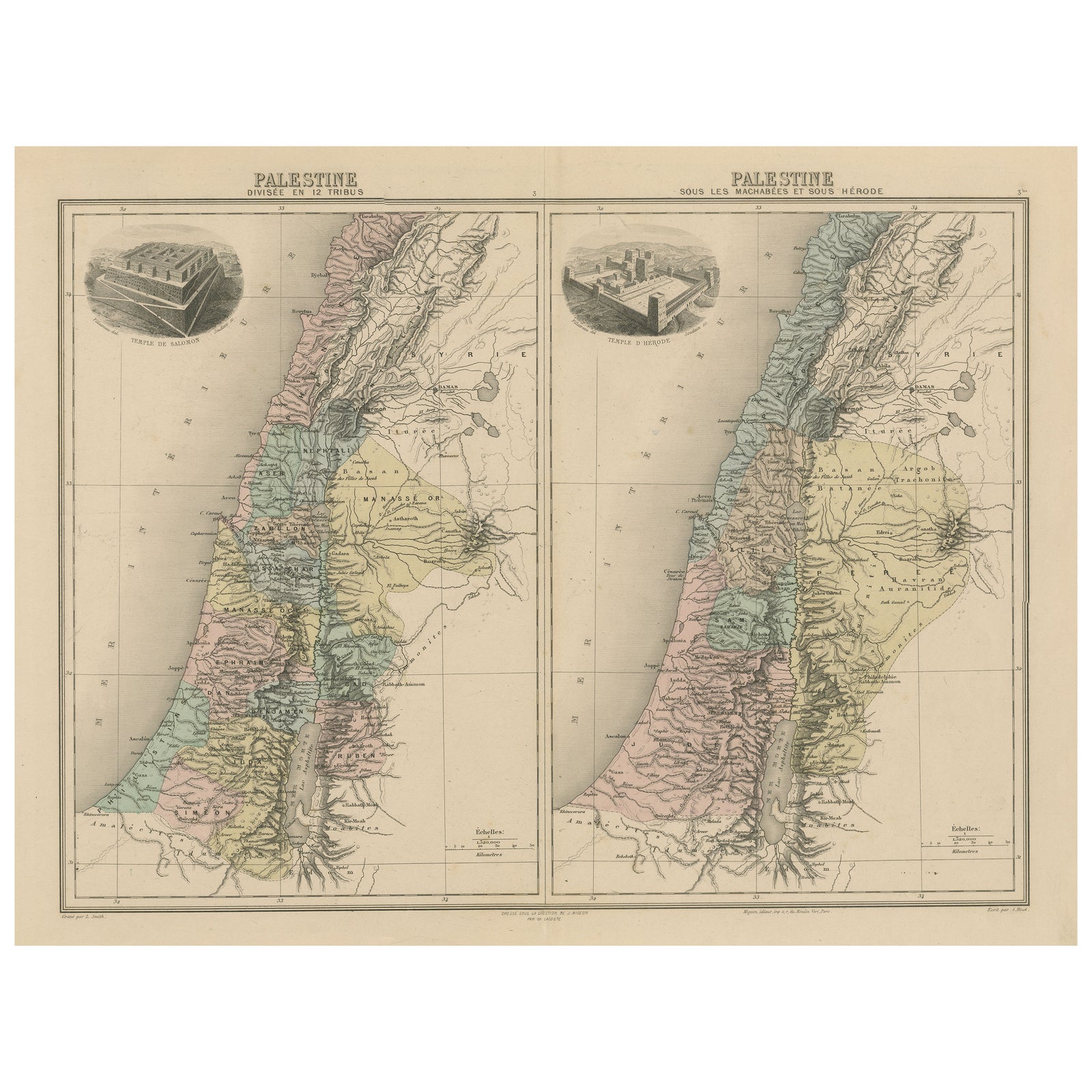Palestine: Tribes & Maccabees, Antique Map by Migeon, Paris, 1892