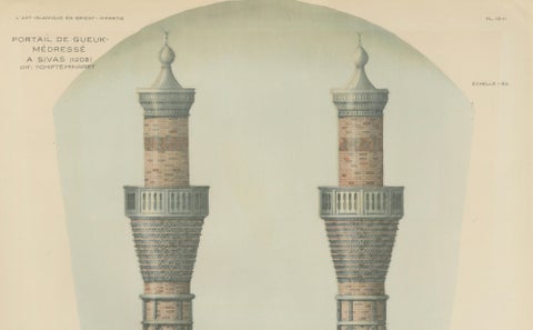 Gök Medrese Sivas Twin Minarets, Seljuk Islamic Architecture Print 1924, close-up 1