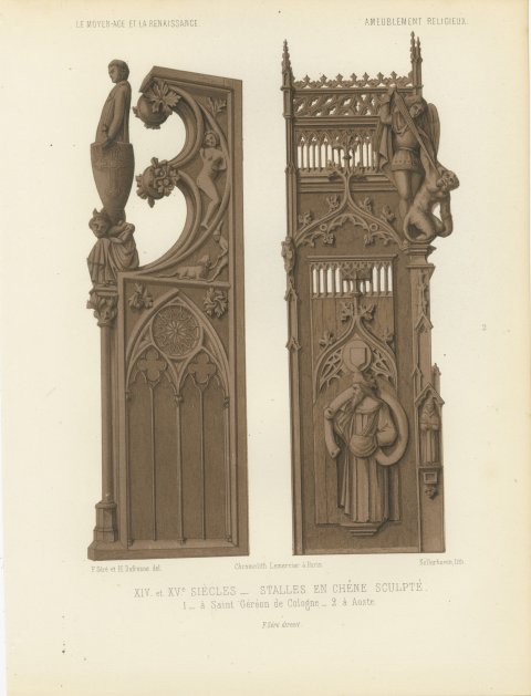Carved Oak Stalls, Cologne and Aosta, Antique Print, 1851, view 2