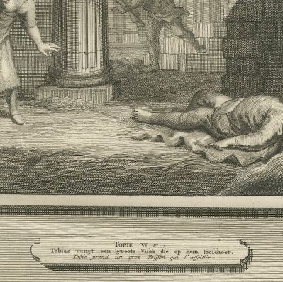 Tobit Loses His Sight and Tobias Catches the Fish, Mortier Bible circa 1700, close-up 2