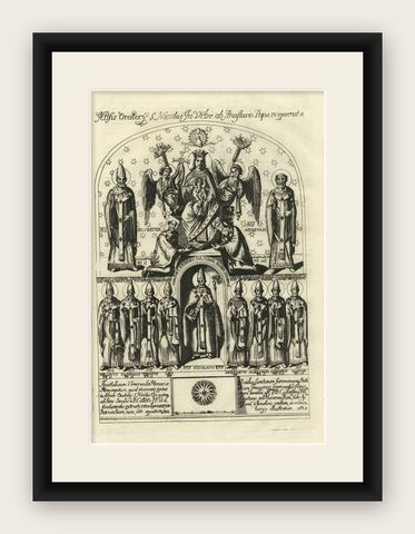 Rare Religious Print of Roman Bishops Contributing to Absis Oratory, 1742, shown framed