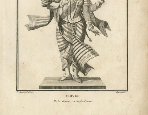 1806 Engraving: Chiven as Ardhanarishvara, Divine Union in Hindu Mythology, close-up 2