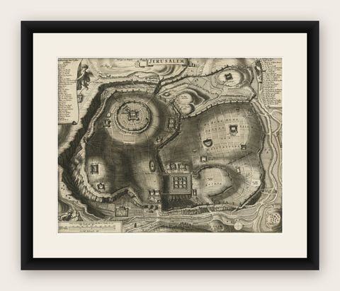 Antique Detailed Map of Jerusalem in Israël with Extensive Key and Scale, 1698, shown framed