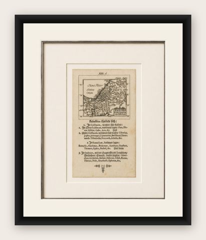 17th Century Holy Land Map “Palestina” with German Biblical Text, c.1650, shown framed