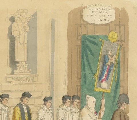Funeral Procession in Rome with Hooded Figures and Clergy, London 1820, close-up 1