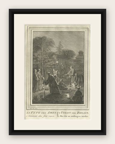 Old Print Depicting the Buddhist Festival of Souls 'Obon', 1758, shown framed