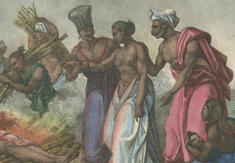 Historical Depiction of a Widow's Sacrifice on a Funeral Fire in India, 1827, close-up 5