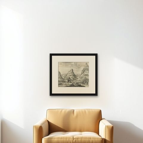 Rare Engraving of Mount Sinai with St. Catherine's Monastery and Bedouins, 1680, shown framed on a wall, true to size