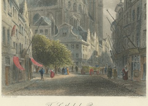 The Cathedral, Bruges, Hand Colored Steel Engraving after E. George, circa 1878, close-up 2