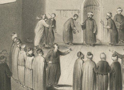 Islamic Ritual Print Whirling Dervishes Ceremony Scene V, 1863 Dutch Lithograph, close-up 1