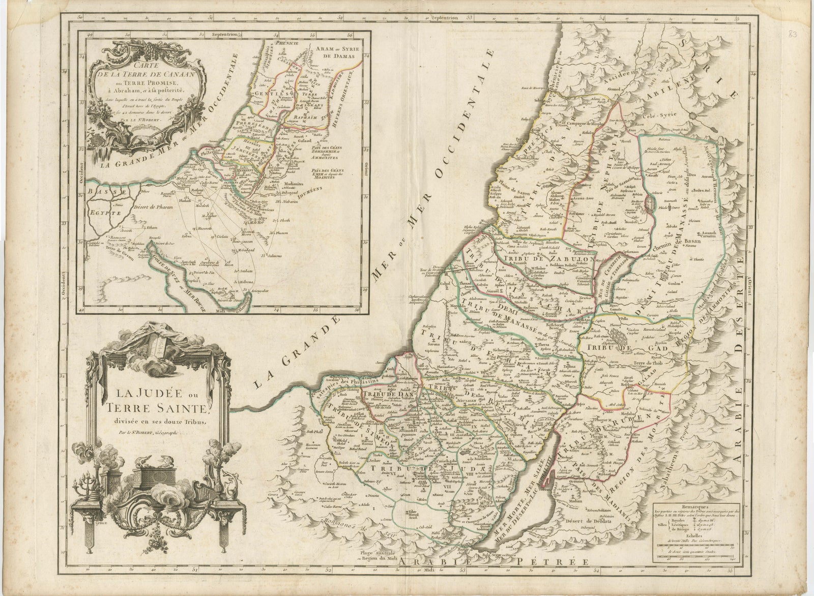 Antique French Map of the Holy Land, Twelve Tribes of Israel, c.1750