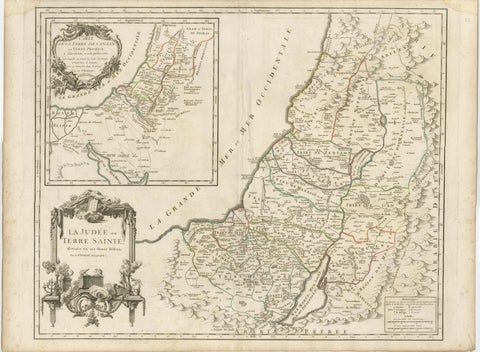 Antique French Map of the Holy Land, Twelve Tribes of Israel, c.1750