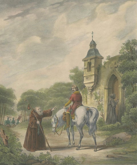 1835 Hand-Colored Lithograph: The Crusaders’ Departure for the Holy Land, close-up 3