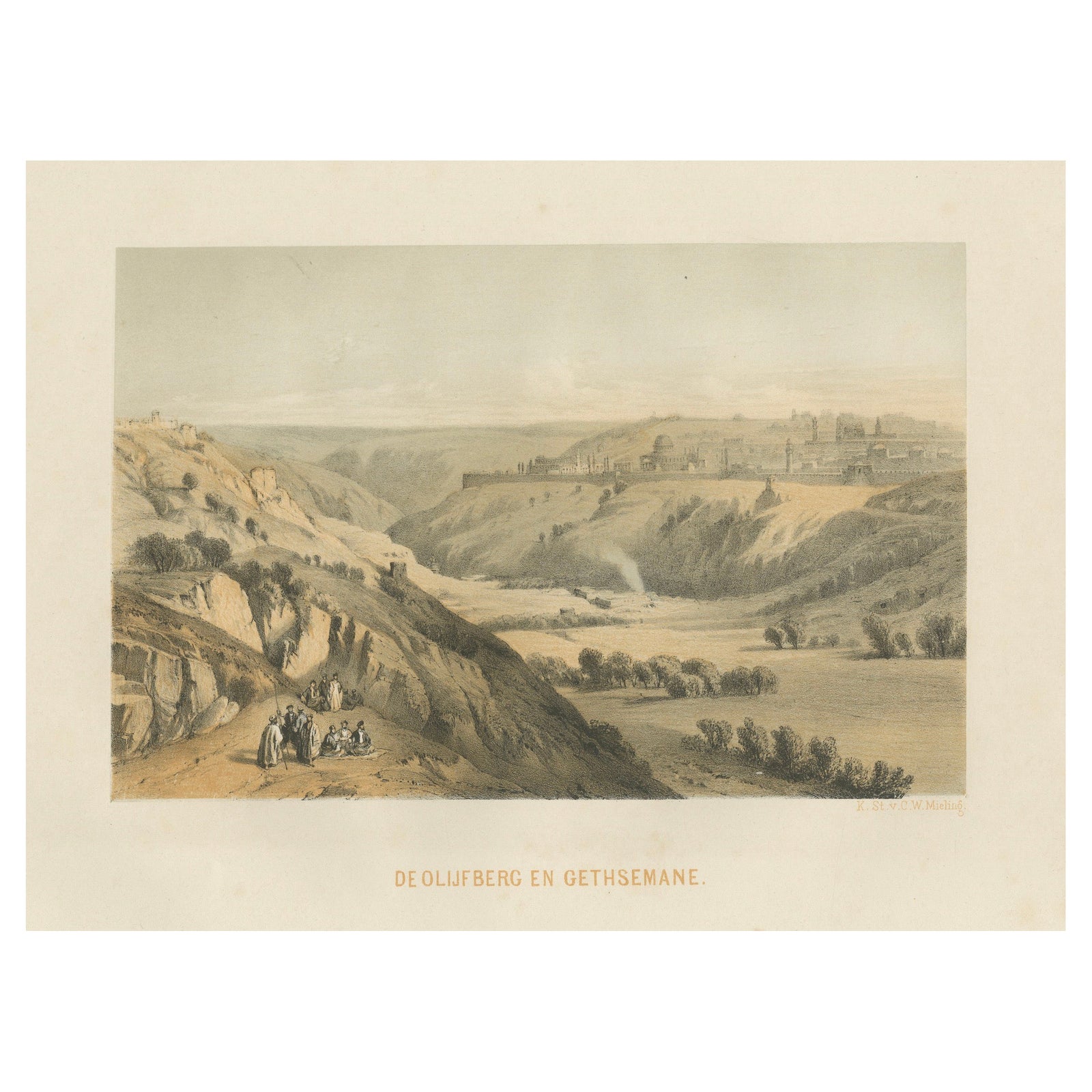 Rare Chromolithograph of the Mount of Olives and Gethsemane near Jerusalem, 1862