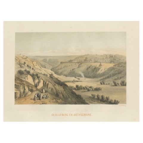 Rare Chromolithograph of the Mount of Olives and Gethsemane near Jerusalem, 1862