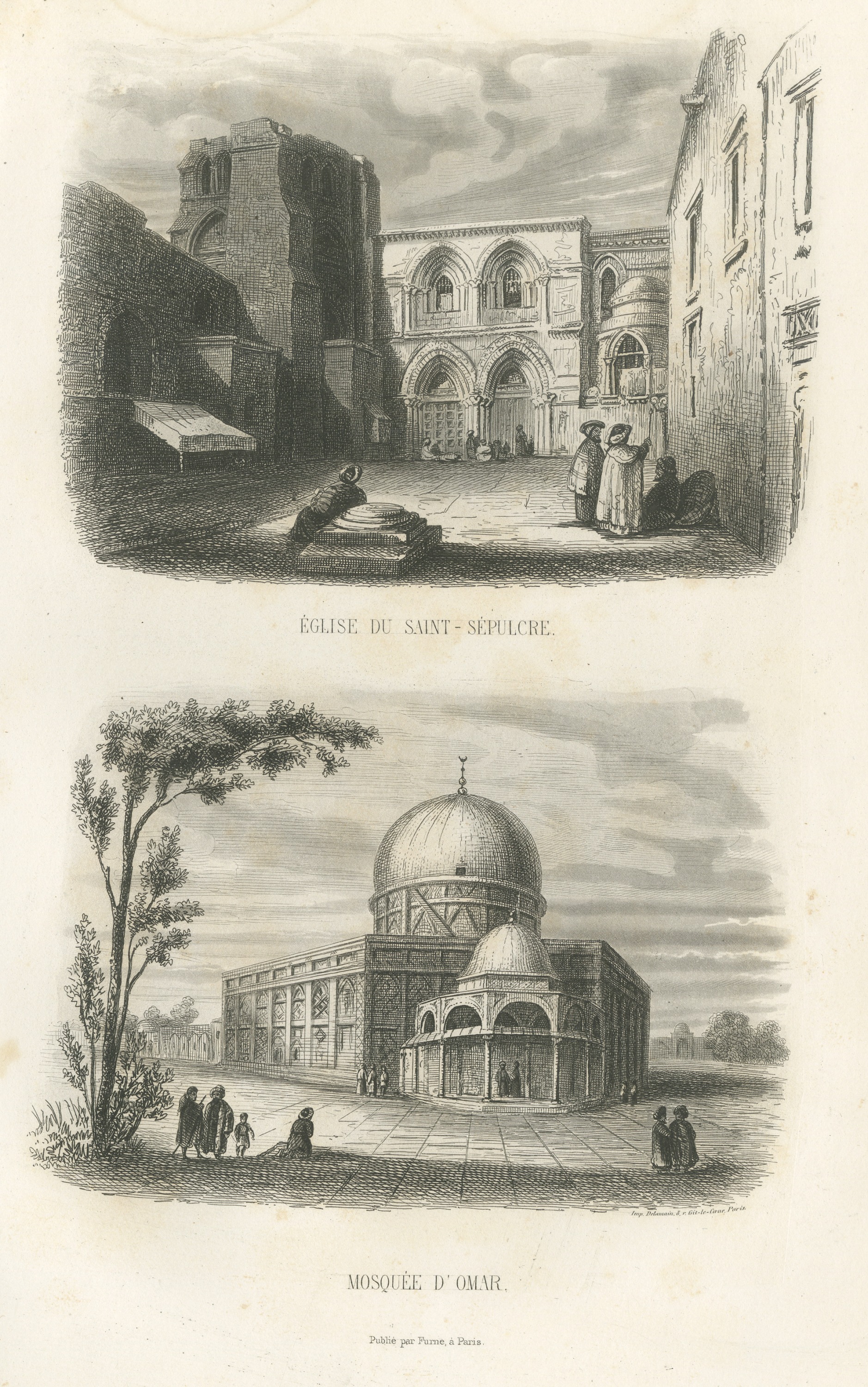 Holy Sepulchre Church and Dome of the Rock, Jerusalem, Antique Print, 1859