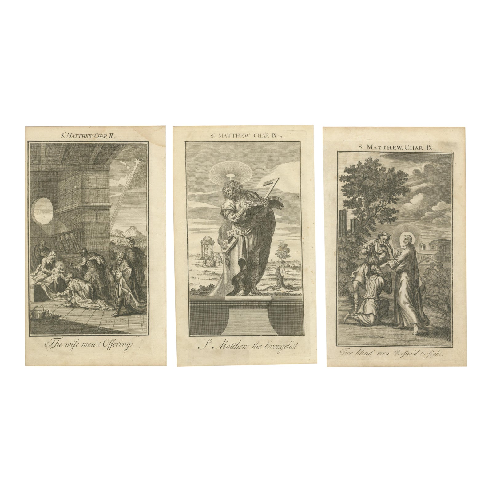 Set of 3 Biblical Engravings, Adoration, St. Matthew & Healing the Blind (1735)