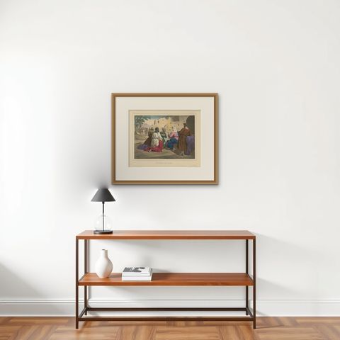 Antique Religious Print 'No. 6' The Adoration of the Magi, circa 1840, shown framed on a wall, true to size