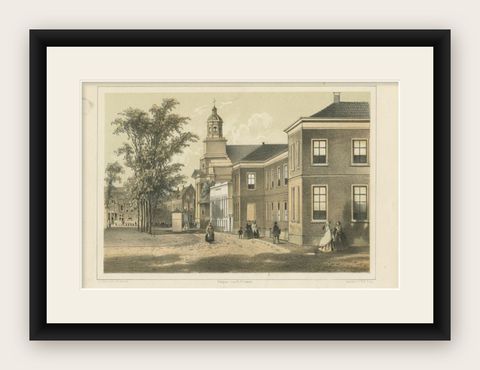 Antique Print of the St. Petrus Church of Leiden in The Netherlands, 1859, shown framed