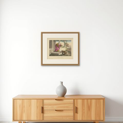 Antique Religious Print 'No. 14' The Prodigal Son, circa 1840, shown framed on a wall, true to size