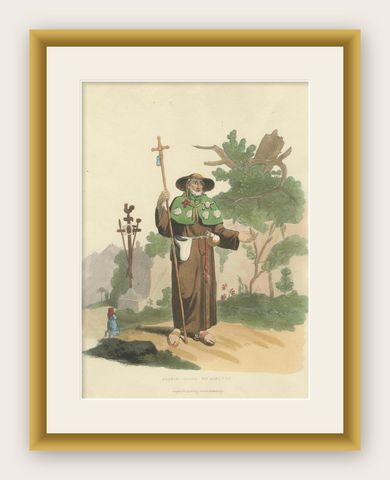 Pilgrim Going to Loretto in Italy, Hand-Coloured Print by R. Bridgens, 1835, shown framed