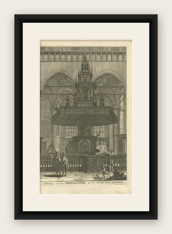 Old Print Depicting the Preacher's Pulpit of a Church in Amsterdam, 1765, shown framed