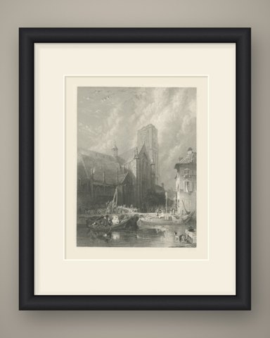 St. Lawrence Cathedral, Rotterdam, Antique Engraving after G. Balmer, circa 1834, shown framed