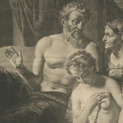 Large Religious Mezzotint Print of Batsheba Bringing Abishag to David, 1779, close-up 2