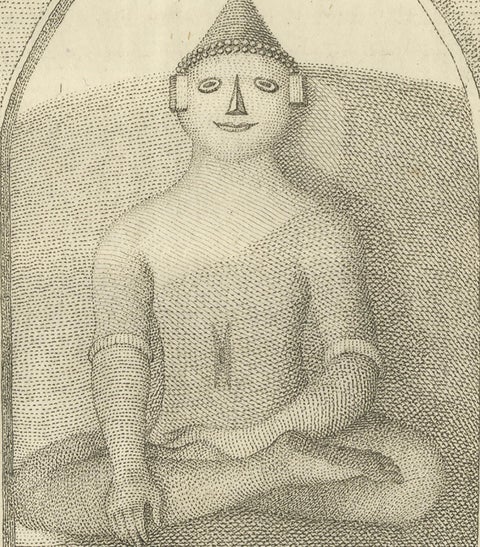 Seated Buddha at Gaya, Antique Dutch Print of a Statue in Bengal, ca. 1800, close-up 3