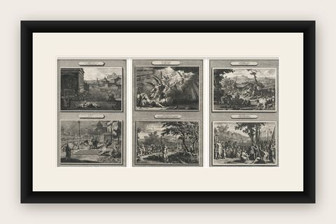 Antique Biblical Engravings, Mortier Amsterdam, Genesis & Apocalypse, c.1700, shown framed