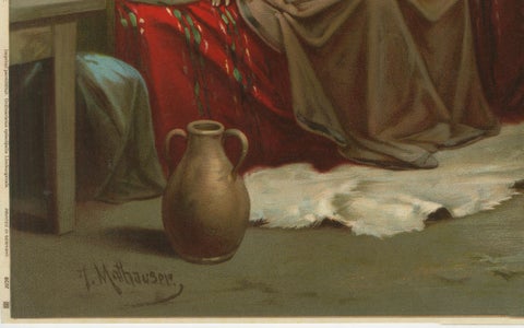 Saint Joseph Visited by an Angel, Antique German Chromolithograph c.1900, close-up 3