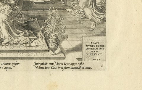 Mary Visited by an Angel, Antique Biblical Engraving, Visscher, 1674, close-up 2