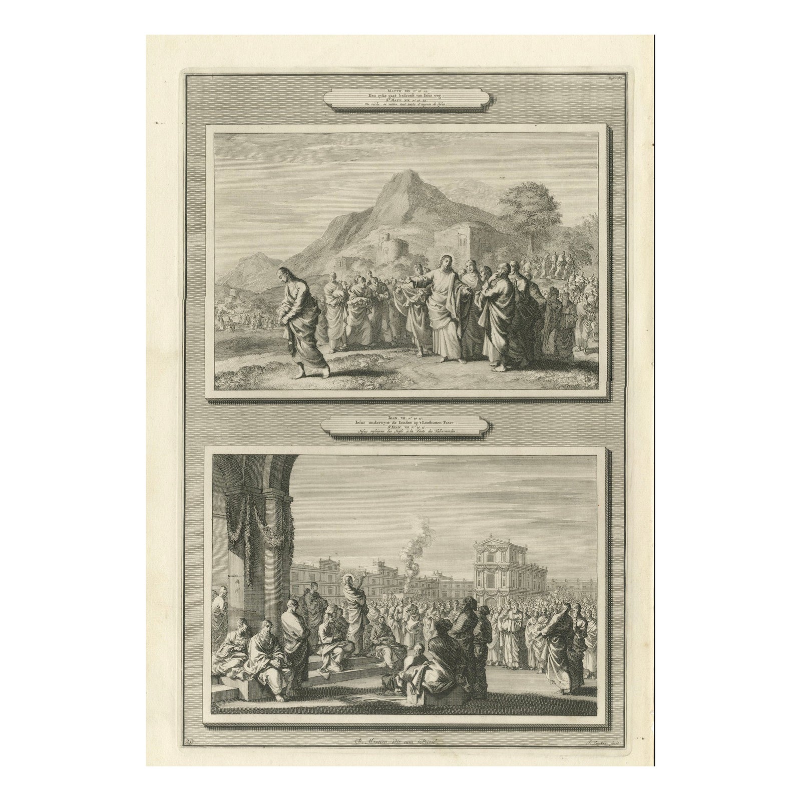 Antique Biblical Engravings, The Rich Young Man & Christ Teaching Jews, c.1700