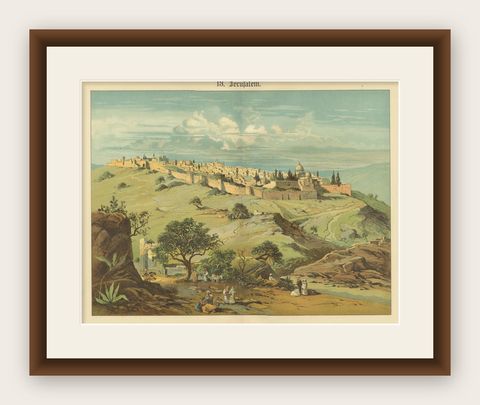 Antique Chromolithograph of Jerusalem from the Mount of Olives, circa 1890, shown framed