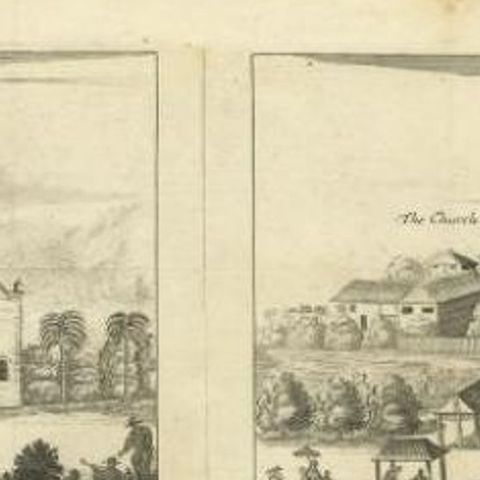 Antique Print of various Churches on Ceylon by Churchill, 1744, close-up 1