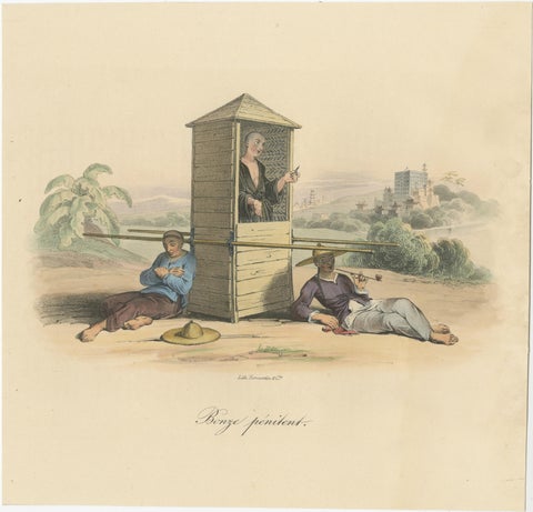 Antique Print of a Religious Man in a Sedan Chair, China, view 2