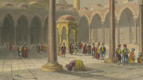 Antique Print, Blue Mosque Interior, Istanbul Ottoman Courtyard, ca. 1839, close-up 3